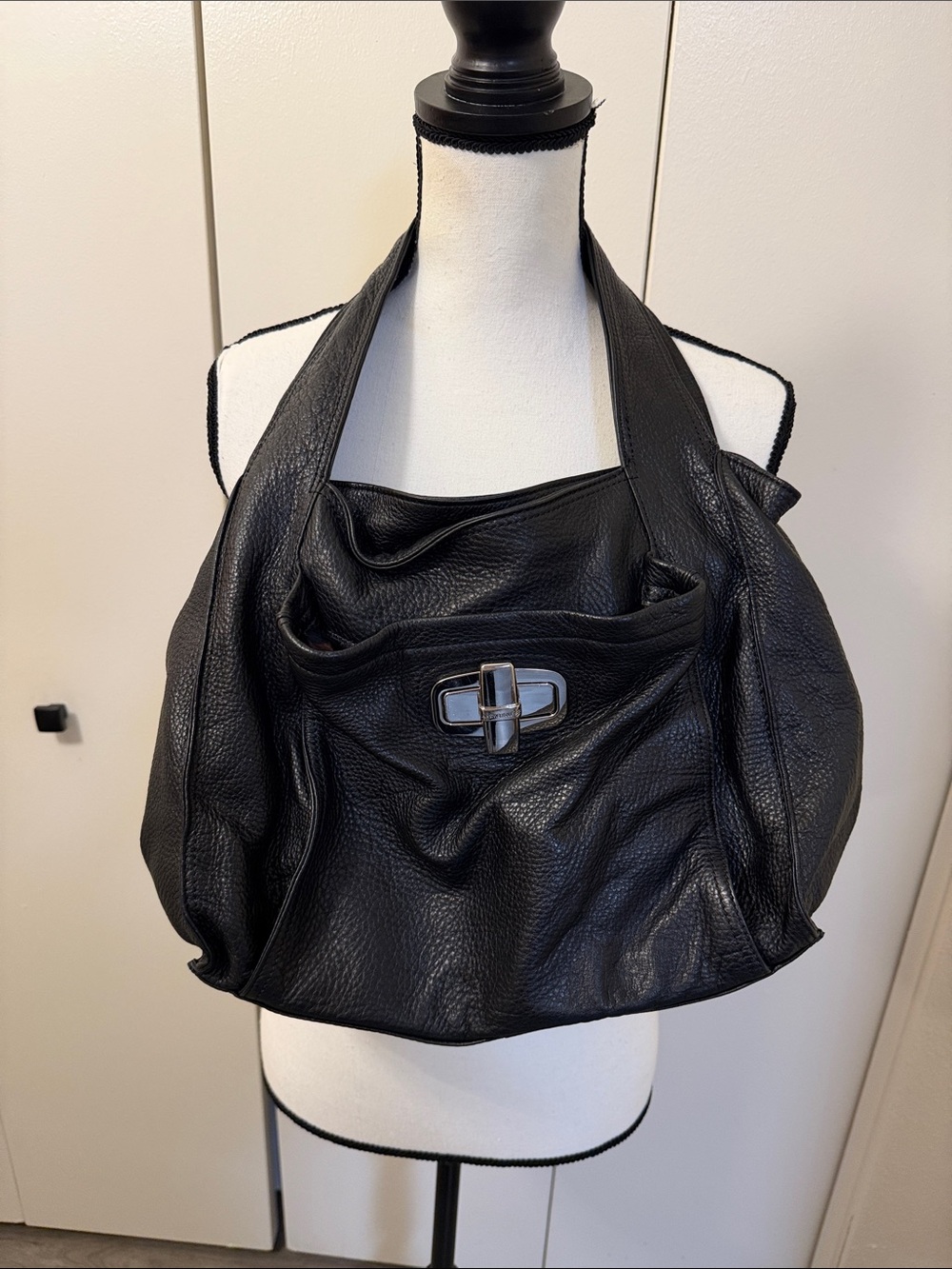 b. makowsky Black Pebbled Leather Shoulder Hobo with Turn-Lock